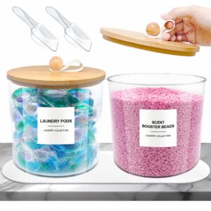 2 pack laundry pods container,laundry room organization and storage jars,laundry detergent container for powder,pods,scent booster,with non-slip pu leather pad and handle,bamboo lids,labels and scoops