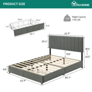 YITAHOME Queen Bed Frame, Grey Upholstered Bed Frame with Headboard, Platform Bed with 2 Storage Drawers, Sturdy Wood Slat Support, No Box Springs Required