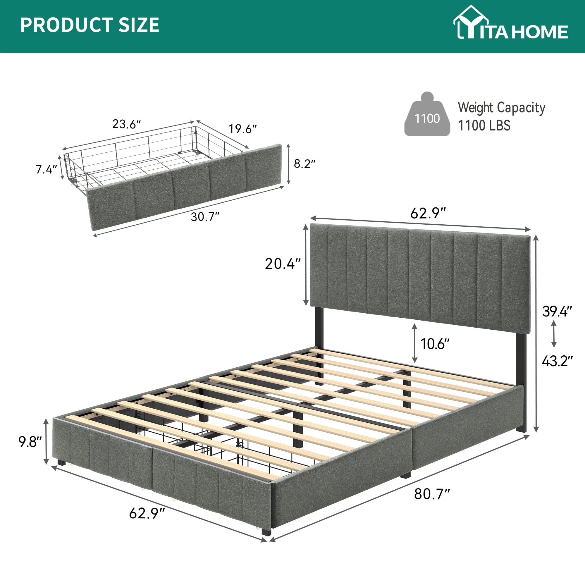 YITAHOME Queen Bed Frame, Grey Upholstered Bed Frame with Headboard, Platform Bed with 2 Storage Drawers, Sturdy Wood Slat Support, No Box Springs Required