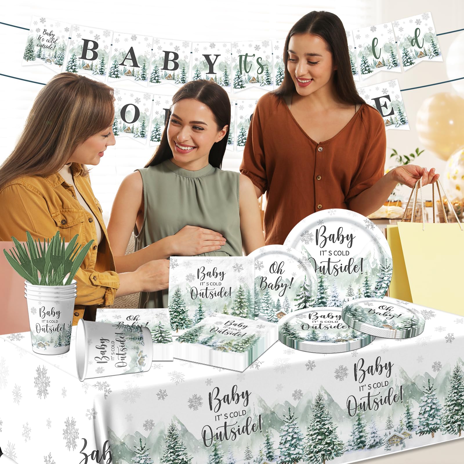 Winter Baby Shower Decorations, 142pcs Baby It's Cold Outside Baby Shower Woodland Plates Napkins Tablecloth Banner Gender Reveal Baby Shower Decorations Boy Girl for Holiday Christmas