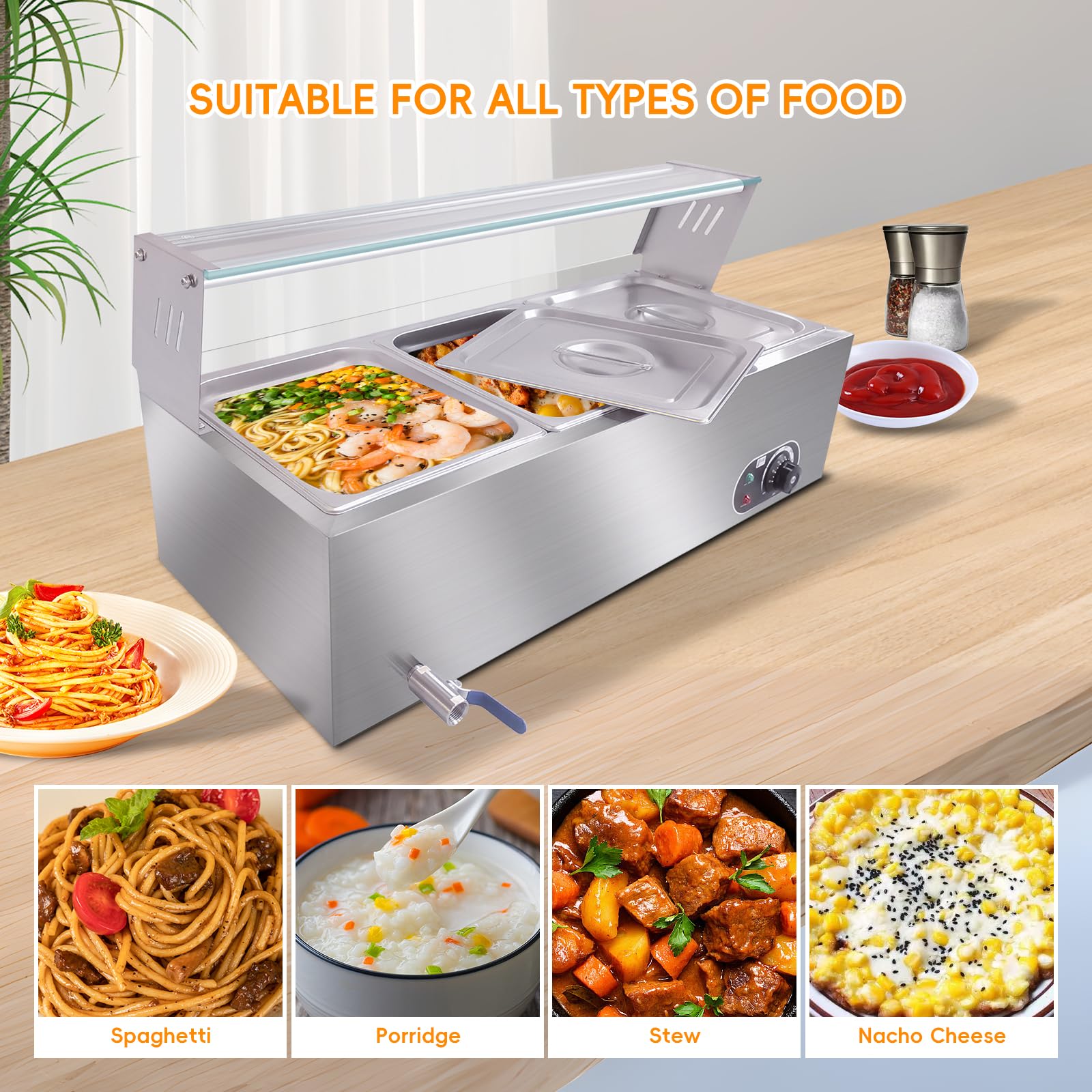 3-Pan Commercial Food Warmer, 36 Qt Electric Steam Table, Stainless Steel Bain Marie with Tempered Glass Cover, 1500W Countertop Food Warmer 86-185°F Temp Control for Catering, Restaurant, Silver