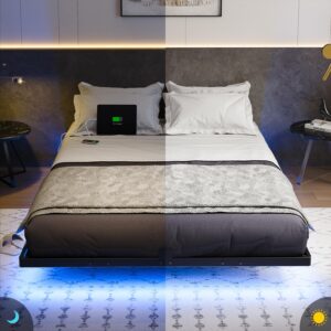 Queen Size Floating Bed Frame with LED Lights, USB Charging Station, Modern Metal Platform Bed Frame, Noise Free No Box Spring Needed and Easy Assembly