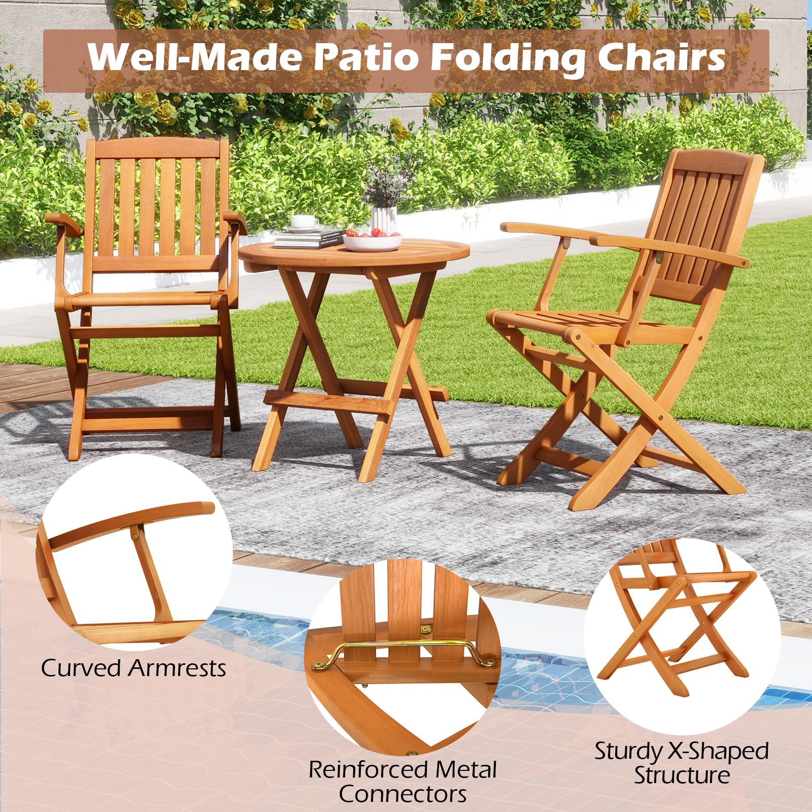 Tangkula Patio Wood Folding Chair Set of 2, Outdoor Eucalyptus Wood Dining Chairs w/Armrests & Slatted Seat, for Backyard, Porch, Poolside, Lawn, Garden, Load up to 400 LBS (1, Natural)