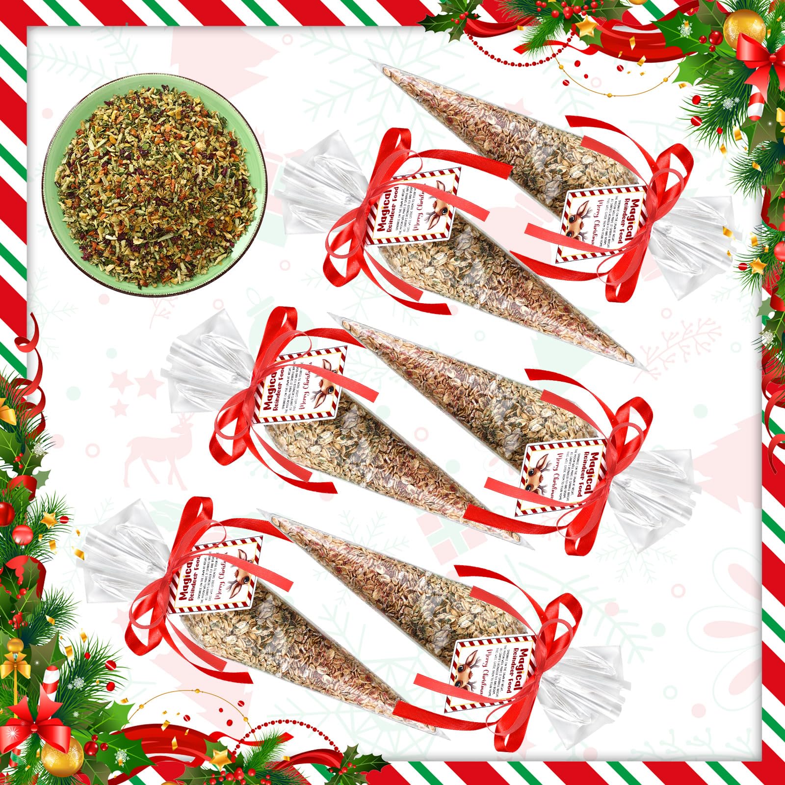 Dansydaisy 100 Set Magic Reindeer Food Christmas Treat Bag with Tag and Red Ribbon Christmas Party Favor Goodie Cone Bags with Labels Twist Ties Plastic Reindeer Food Bags for Xmas Gift Wrapping