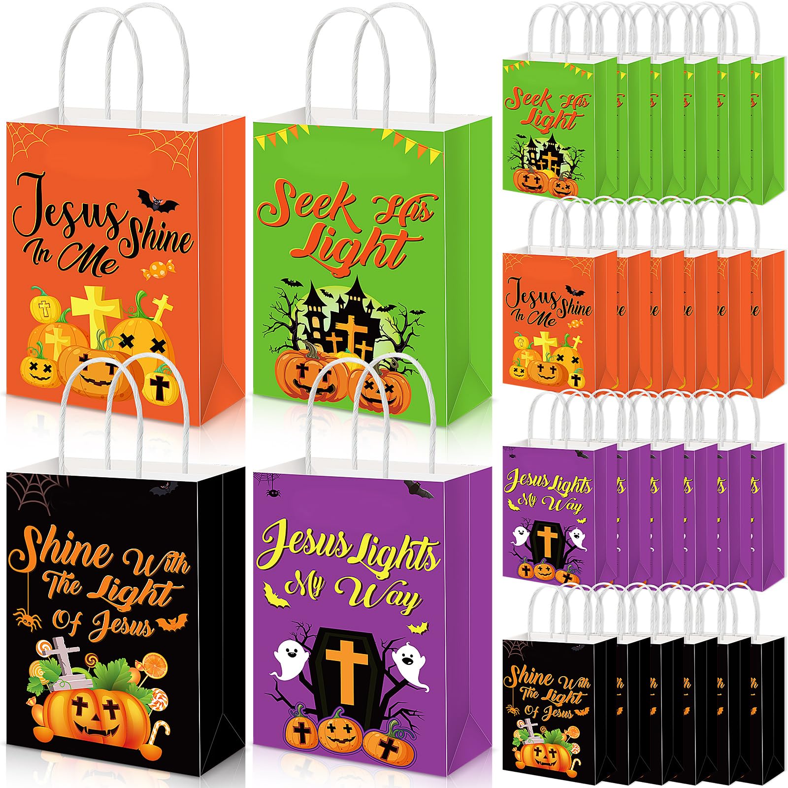 Funnymoom 24 Pcs Christian Halloween Bags with Handle Gift Pumpkin Religious Halloween Trick or Treat Candy Bags Paper Halloween Party Favor Bags Decoration Supplies Goodie Bags for Party Favor