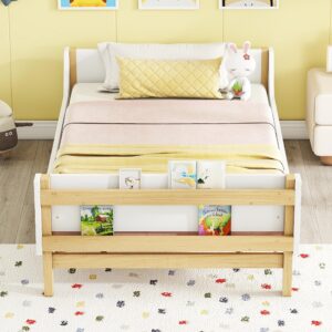 Kids Twin Size Bed Frame with Storage Bookcase, Wood Twin Bed Frames for Kids, Twin Bed Frame with Headboard and Footboard for Boys Girls, No Box Spring Needed,White