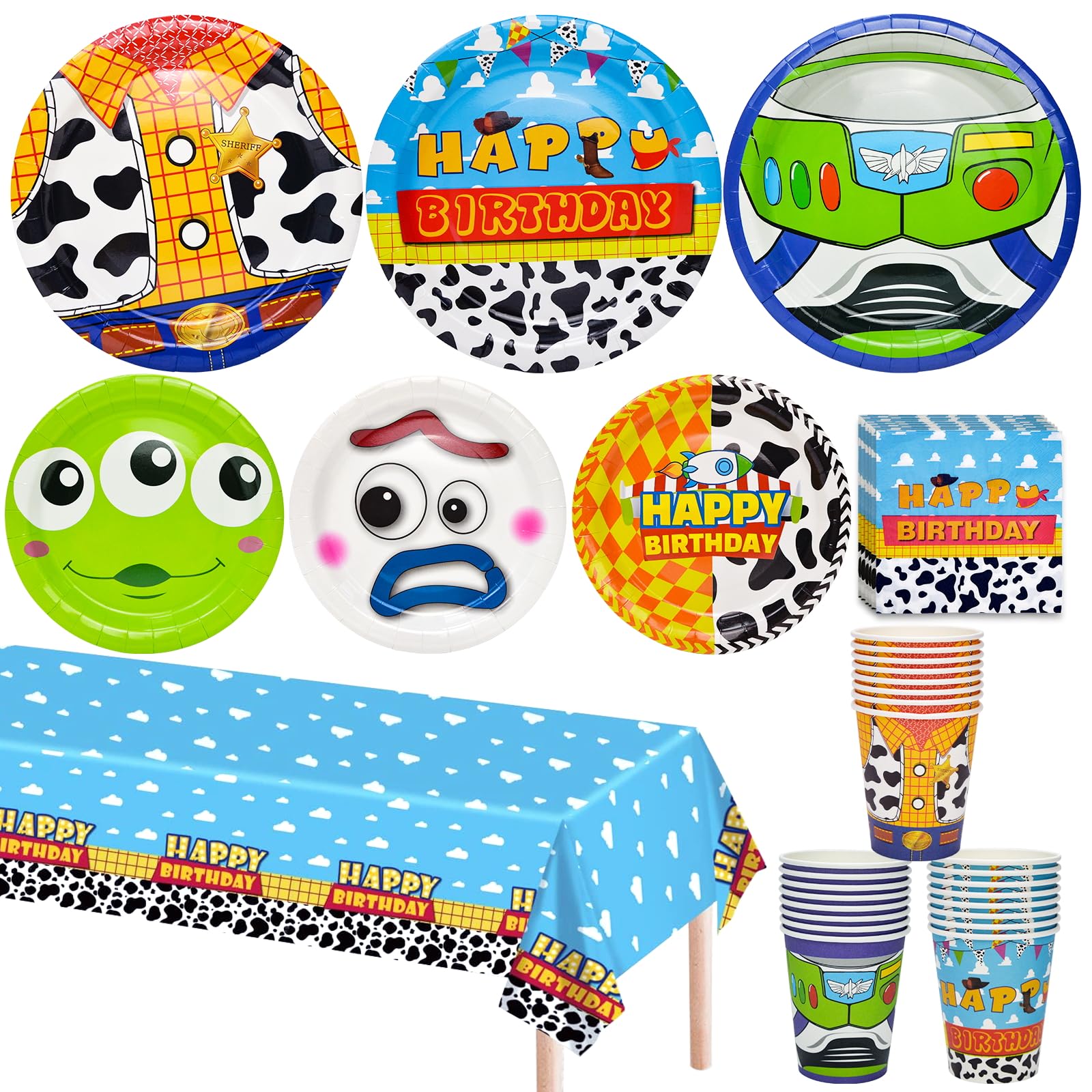 Toy Game Party Birthday Decorations, Toy Birthday Party Favors Supplies 97 Pcs Including Disposable Dinnerware Set Including Tablecloth, Paper Plates, Cups, Napkin, Serves 24 Guest