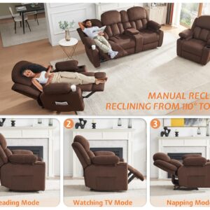 Jocisland Recliner Couch, 3 Seater Recliner with Cup Holders, Plush Fabric Reclining Couch with Dual Wingback, Comfy Recliner Sofas for Living Room(Brown)