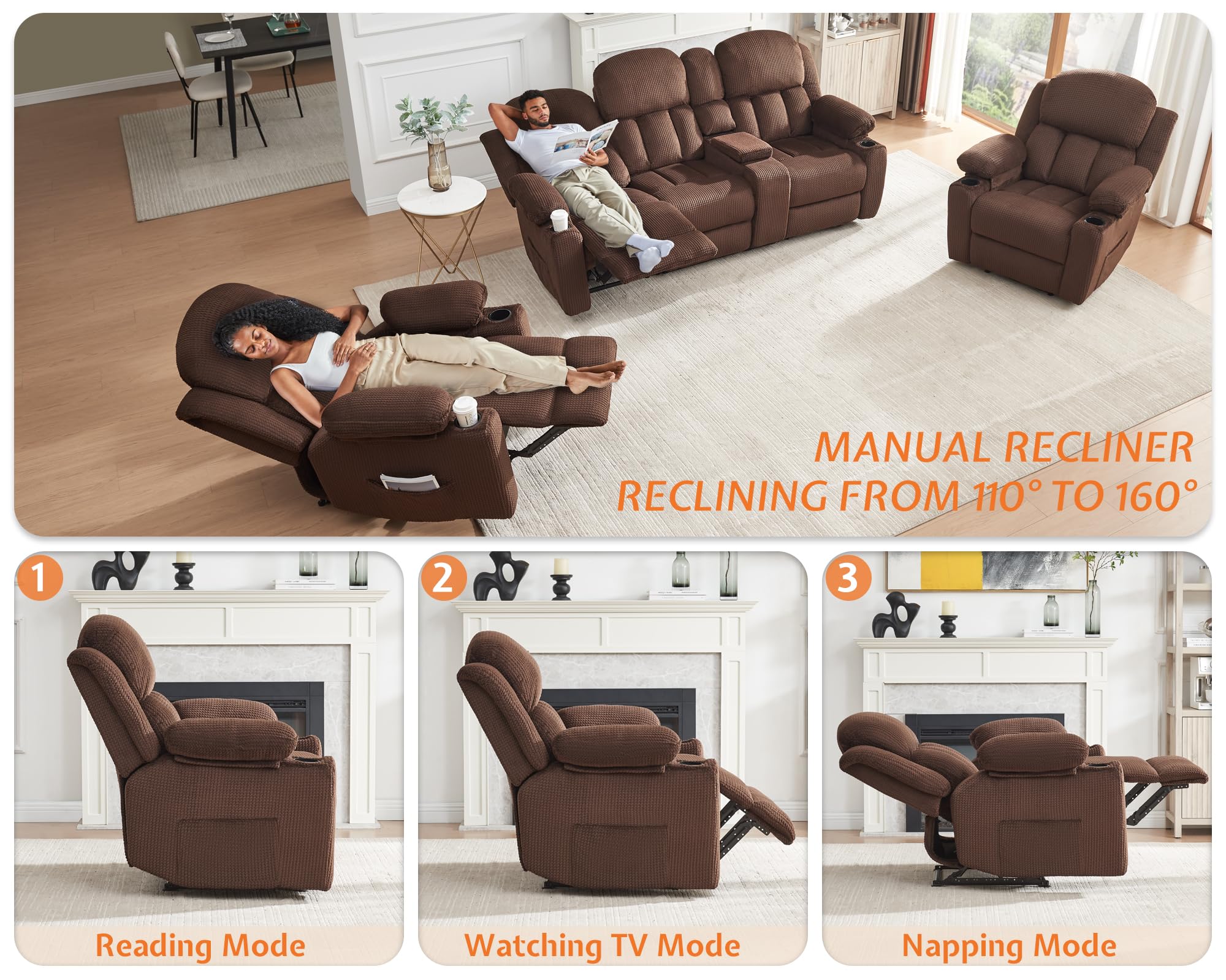 Jocisland Recliner Couch, 3 Seater Recliner with Cup Holders, Plush Fabric Reclining Couch with Dual Wingback, Comfy Recliner Sofas for Living Room(Brown)