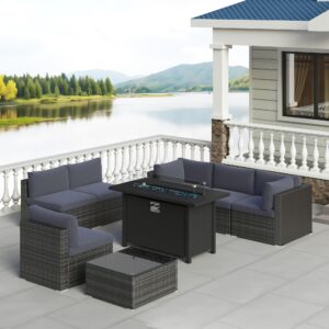 SUNVIVI OUTDOOR 8-Piece Modular Outdoor Patio Furniture Set, Wicker Outdoor Sectional Sofa with 45" Fire Pit Table, All-Weather Rattan with Cushions and Coffee Table for Porch Garden Backyard, Grey