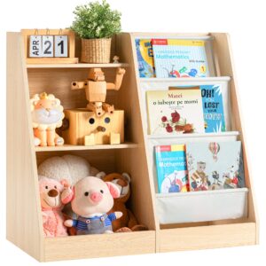 infurnic 3 Tier Kids Wooden Bookshelf Baby Toddler Bookshelf and Toy Storage Organizer with Three Layer Sling Bookcase for Kids Room Playroom Nursery Classroom