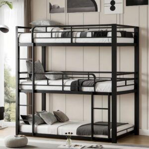 pvwiik heavy duty triple bunk bed for kids,twin over twin over twin metal bunkbeds with ladder for dorm,bedroom,guest room,no box spring needed, easy assembly,black