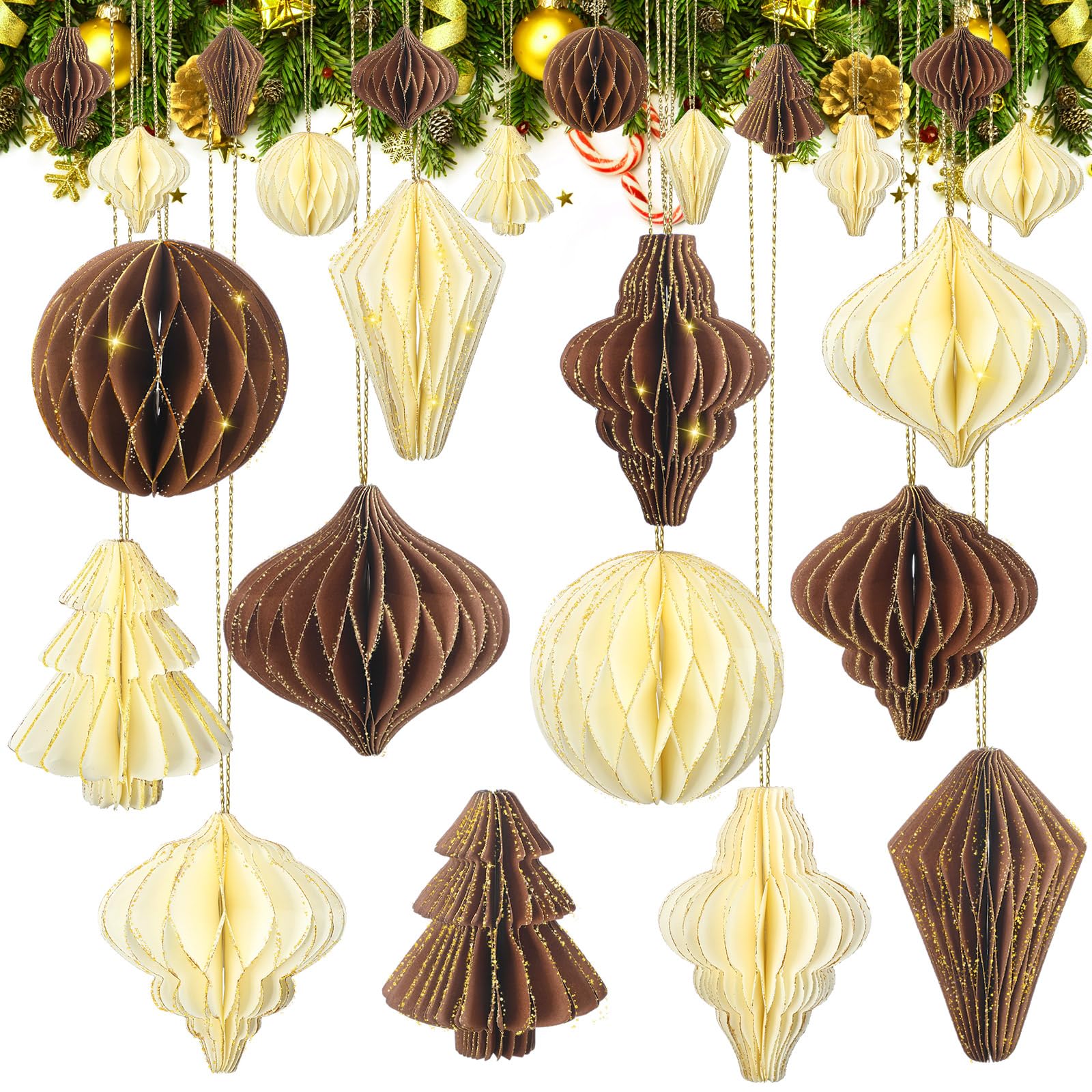 Hungdao 12 Pcs Christmas Paper Honeycomb Balls Hanging Ornament Khaki Pom Poms Decorative 3D Mini Glitter Edge Paper Honeycomb Ornament for Christmas Tree Xmas Home Decor(Brown)