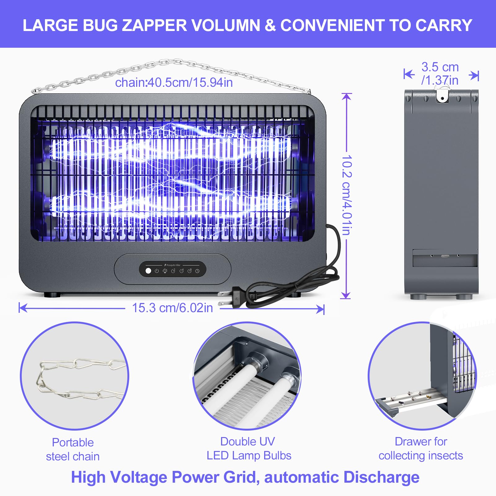 Electric Bug Zapper Indoor, 3500V Fruit Fly Traps for Indoors Home, Fly Zapper Mosquito Trap with Double-Sided Grid and Timer Remote, 2 Extra Blubs (Grey)