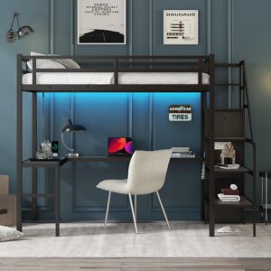 Full Size Metal Loft Bed with Desk and Wardrobe,Heavy Duty Loft Bed Frame with Storage Stairs,LED Loft Bed Full with Charging Station, Space Saving Loft Bed Full for Kids,Teens,Adults,Black