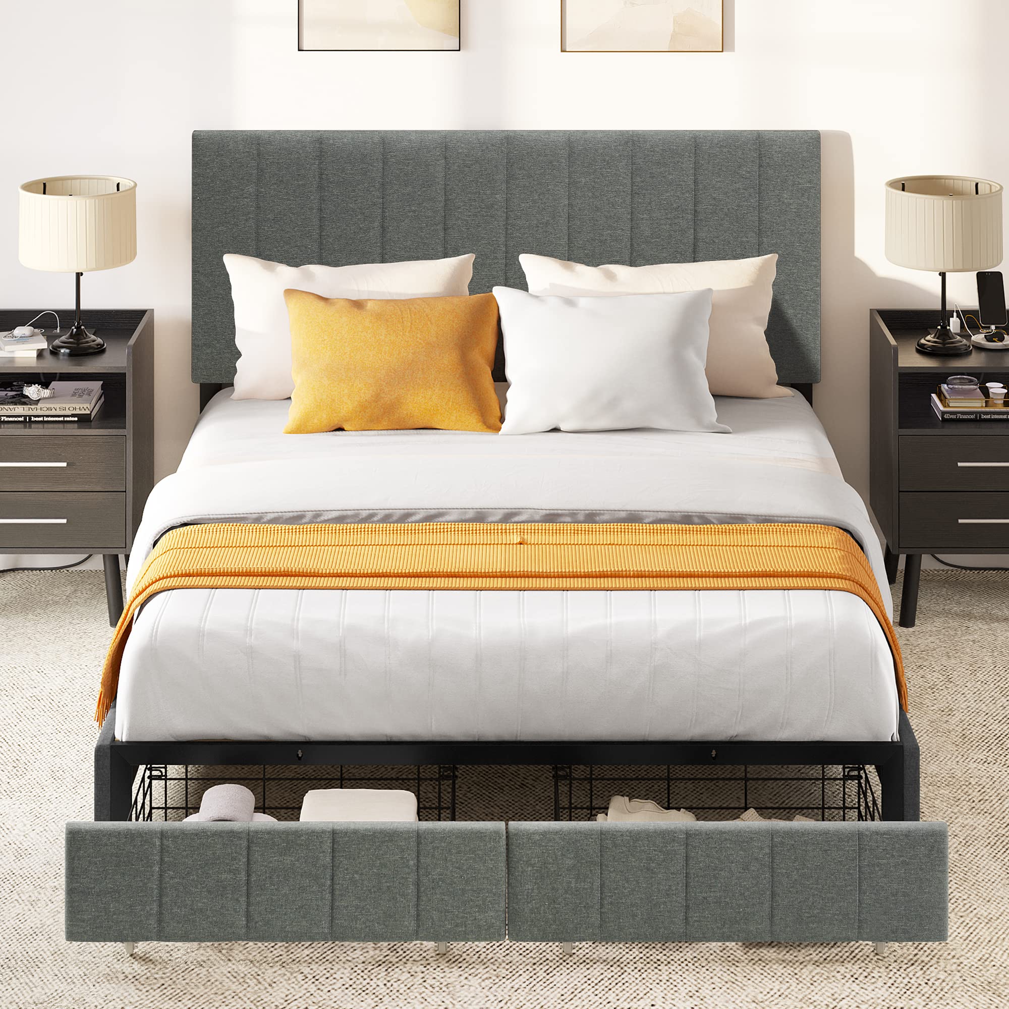 YITAHOME Queen Bed Frame, Grey Upholstered Bed Frame with Headboard, Platform Bed with 2 Storage Drawers, Sturdy Wood Slat Support, No Box Springs Required