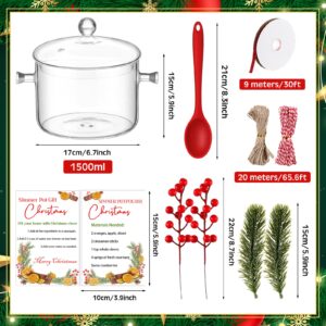 Baderke Christmas Simmer Pot Gift 50 oz Glass Cooking Festive Saucepan Pots with Christmas Card Artificial Red Berries Pine Needles Handmade Cotton Rope Red Ribbon Stirring Spoon for DIY Xmas Gift