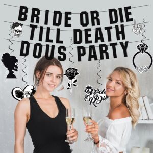 Till Death Do Us Party Bachelorette Decorations, Pre-assembled Black Glitter Bride Or Die Till Death Do Us Party Banner and 8pcs Hanging Swirl, Bride Or Die Bachelorette Party Decorations