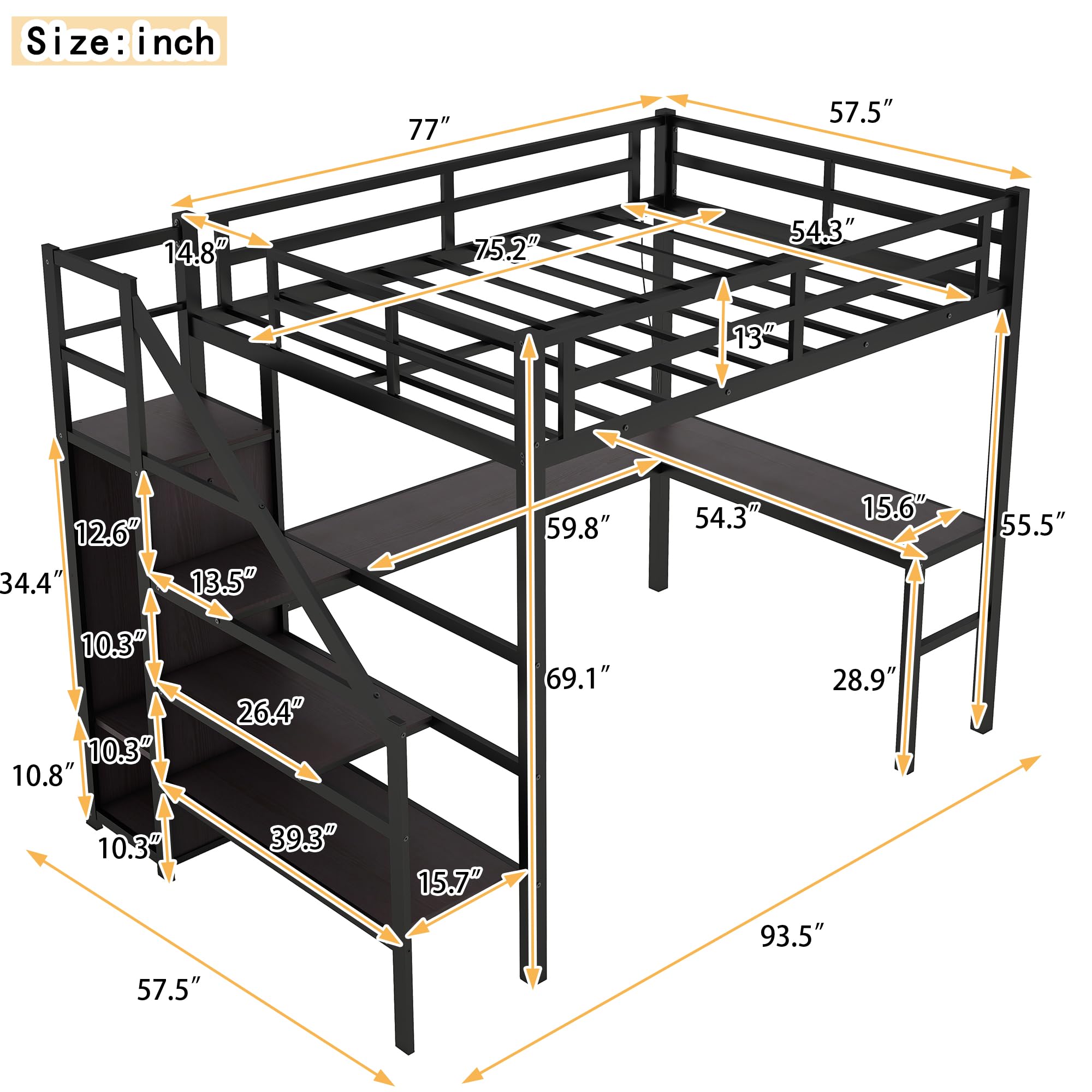 Full Size Metal Loft Bed with Desk and Wardrobe,Heavy Duty Loft Bed Frame with Storage Stairs,LED Loft Bed Full with Charging Station, Space Saving Loft Bed Full for Kids,Teens,Adults,Black