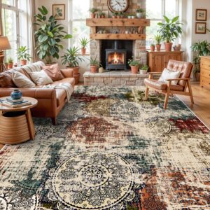 BYYVOO 10x14 Living Room Area Rug - Modern Abstract Large Area Rugs Non-Slip Stain Resistant Carpets for Bedroom Soft Low Pile Rugs 10x14 Red Green Multi