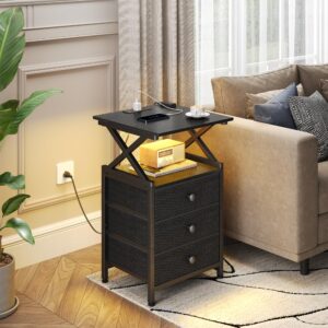 DALEMHOME Night Stand with Charging Station, LED Nightstand, Side Table with 3 Fabric Drawers, Bedside Table for Bedroom, Black HKET2302BK