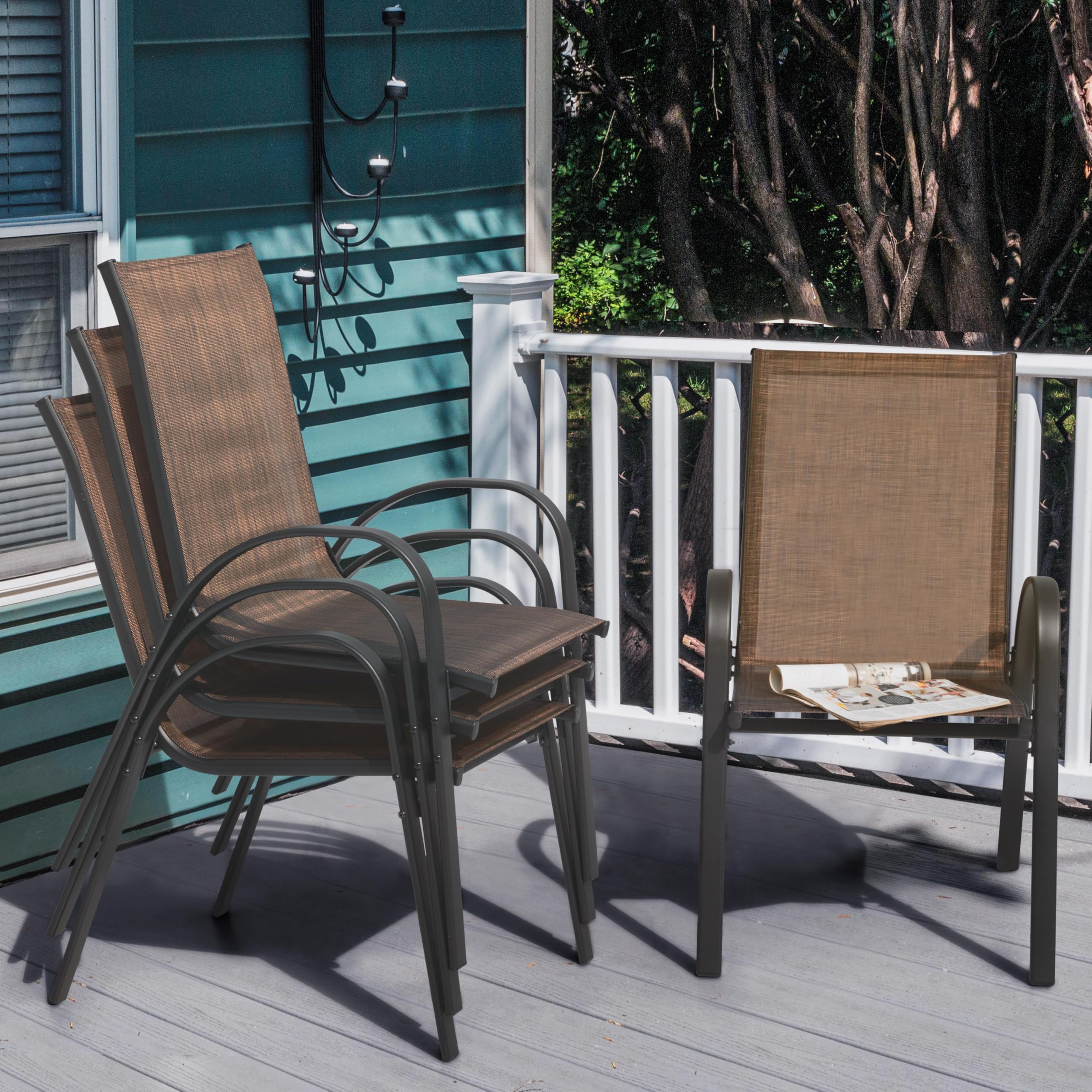 NUU GARDEN Patio Dining Chairs Set of 4, Outdoor Stackable Dining Chairs with High Back, All Weather Textilene Patio Chairs, Metal Frame and Breathable Garden Outdoor Chairs for Backyard Deck, Brown