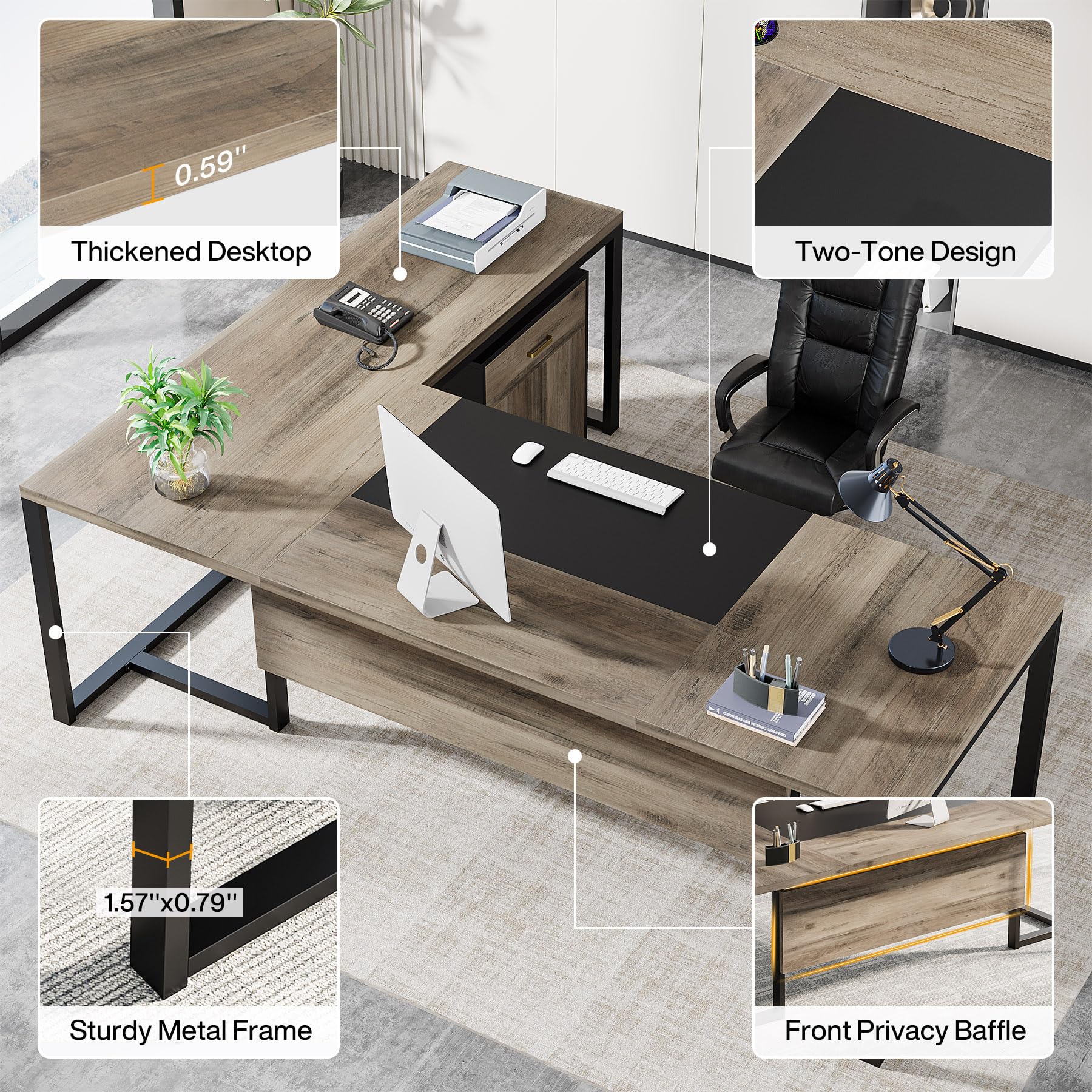 Tribesigns 70.8" L-Shaped Executive Desk with Drawer Cabinet, Large Executive Office Desk with Separate File Cabinet, Home Office Desk Workstation Business Furniture Set, Retro Gray