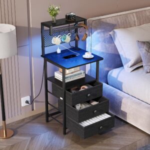 DALEMHOME Tall Nightstand with Charging Station and LED Lights, Night Stand with 3 Drawers and Storage Shelves, Bedside Table for Bedroom, Office, Black HKET2301BK