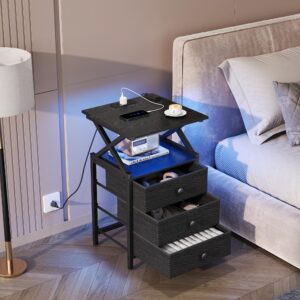 DALEMHOME Night Stand with Charging Station, LED Nightstand, Side Table with 3 Fabric Drawers, Bedside Table for Bedroom, Black HKET2302BK