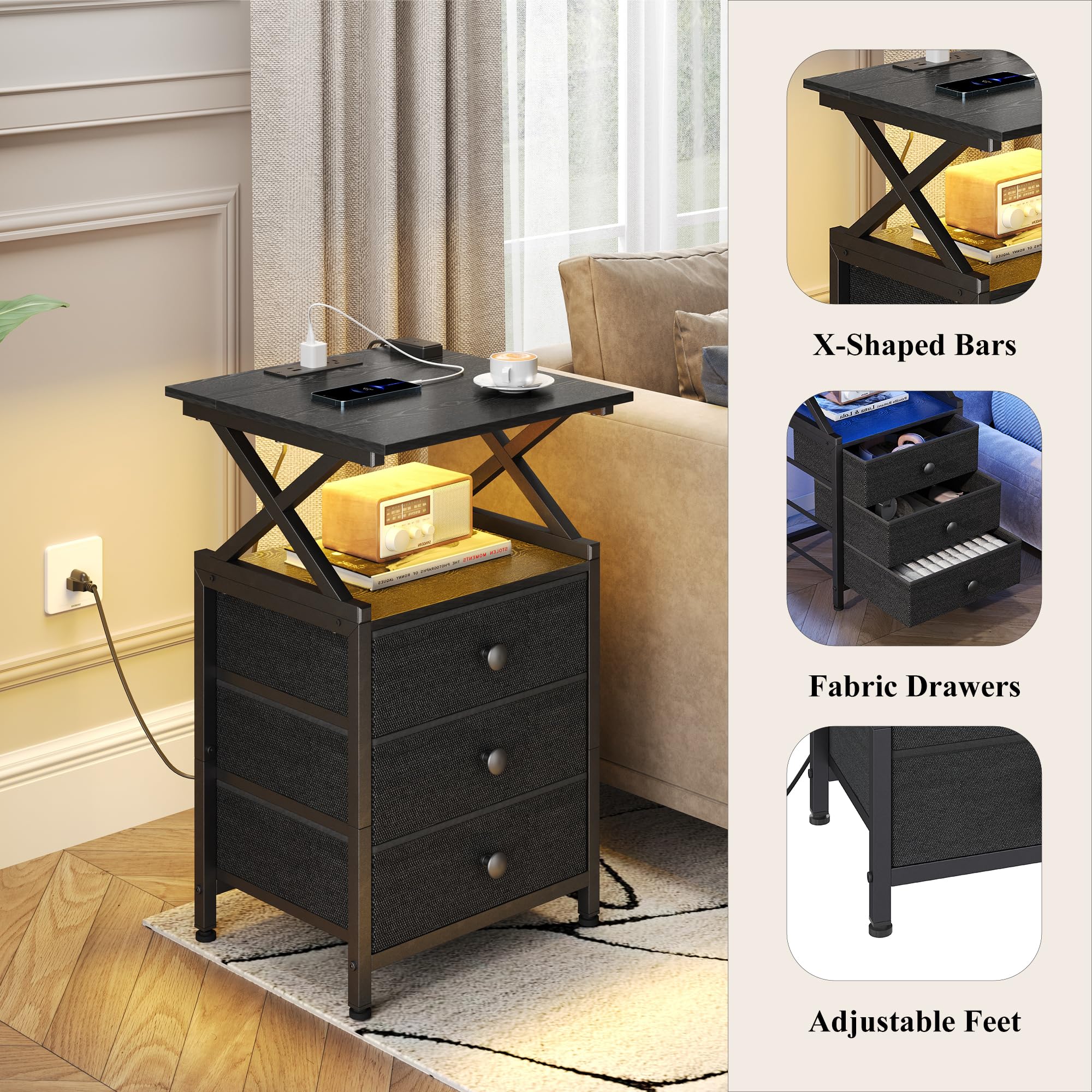 DALEMHOME Night Stand with Charging Station, LED Nightstand, Side Table with 3 Fabric Drawers, Bedside Table for Bedroom, Black HKET2302BK