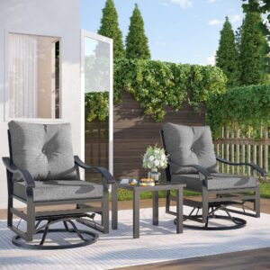 VONZOY 3 Piece Outdoor Swivel Chair, Patio Furniture Metal Rocker Bistro Set with Rocking Chair, Thick Cushions and Table for Porch Garden Balcony（Grey）