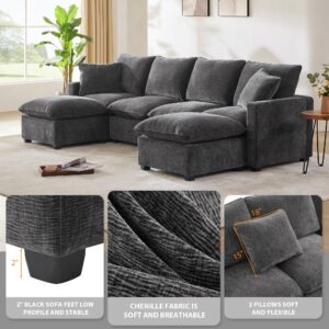 110" Modern U Shape Modular Sofa, 6 Seat Chenille Sectional Couch Set with 2 Pillows Included, Freely Combinable Indoor Funiture for Living Room, Apartment, Office (Black Grey, 6 Seat)