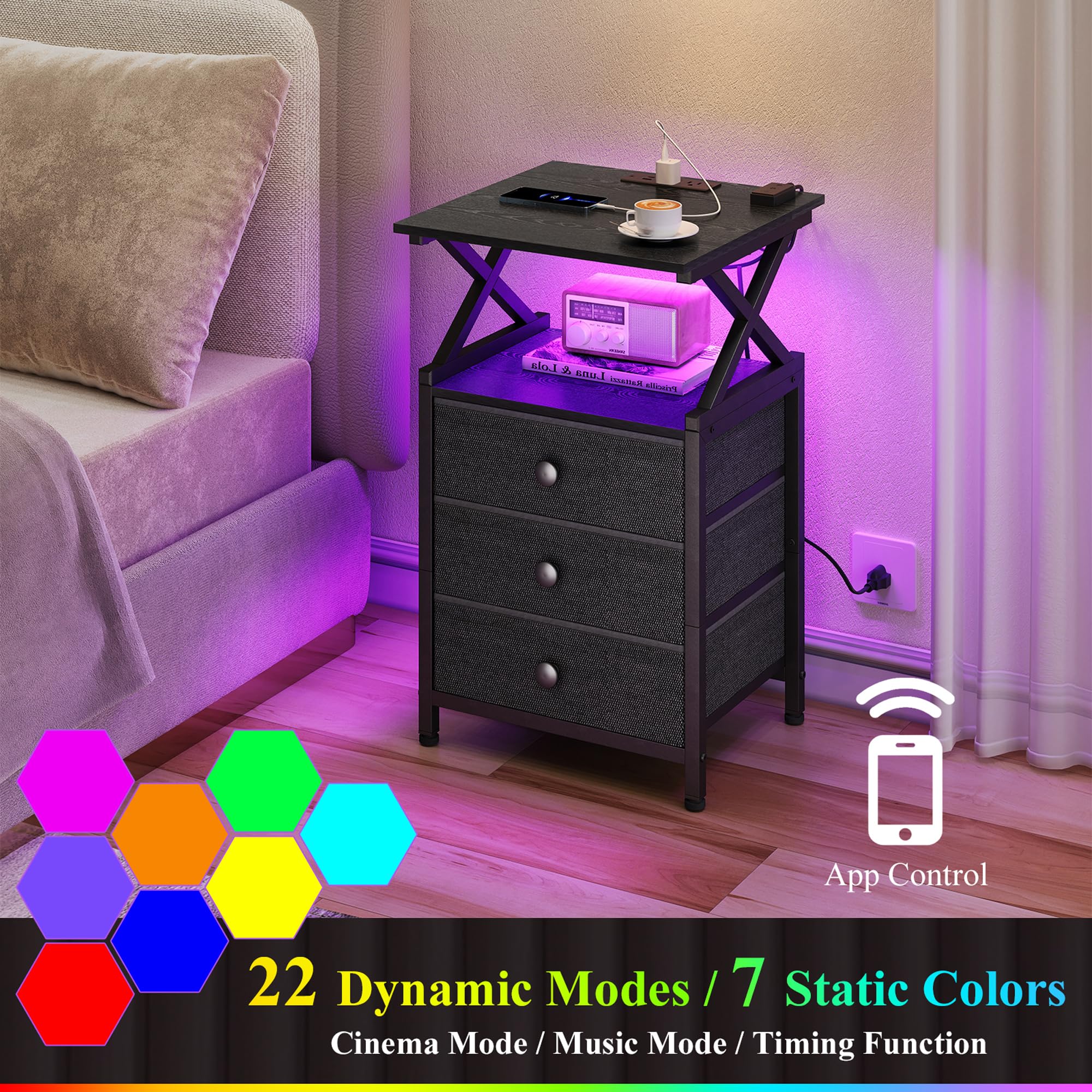 DALEMHOME Night Stand with Charging Station, LED Nightstand, Side Table with 3 Fabric Drawers, Bedside Table for Bedroom, Black HKET2302BK