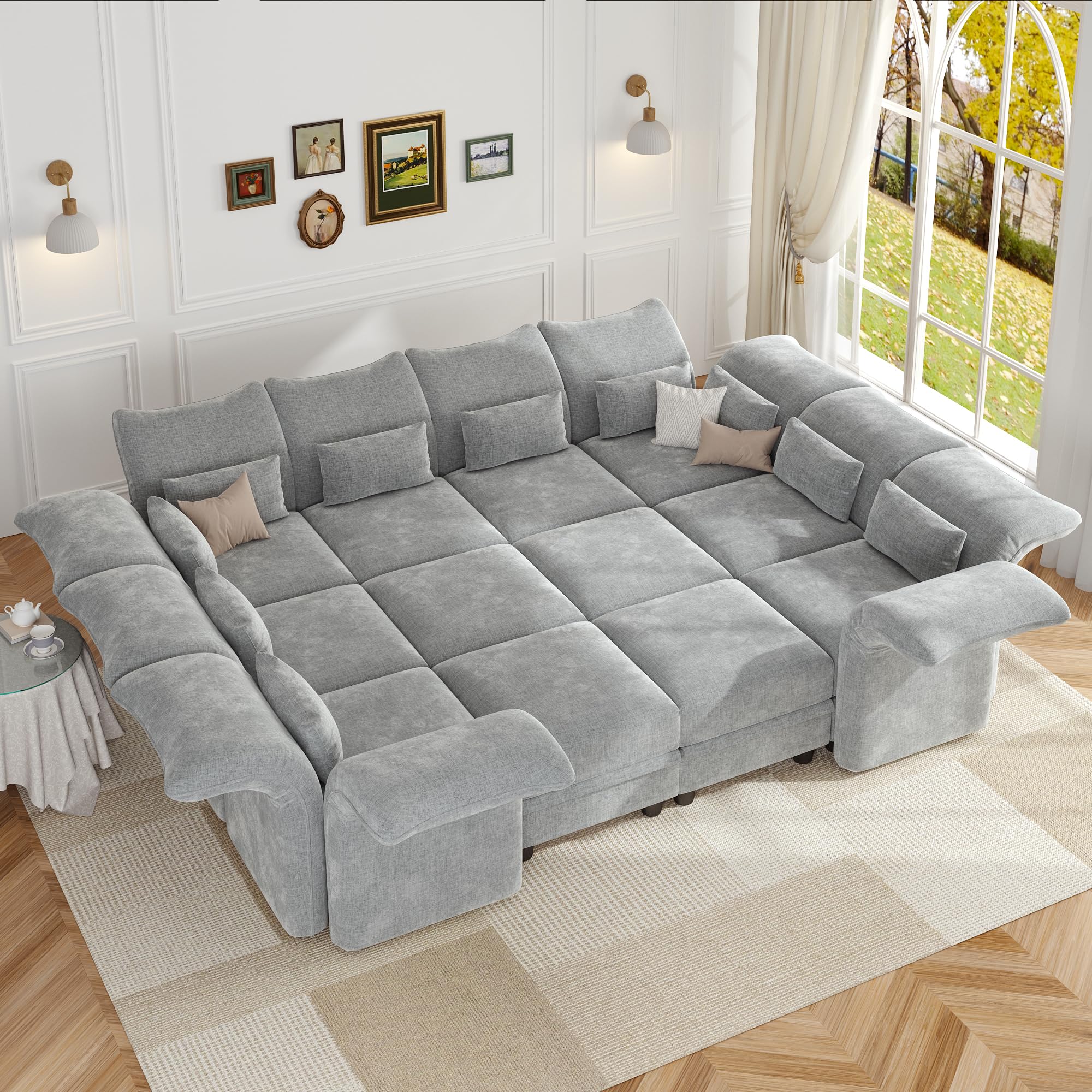 LLappuil Deep Modular Sectional Sofa Sleeper 12 Person Chenille Sectional Couches for Living Room with Storage Ottoman, Adjustable Arms Backs Grey