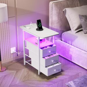 DALEMHOME End Table with Charging Station, Narrow Side Table with 3 Fabric Drawers, Skinny Nightstand with LED Light for Small Spaces, Bedroom, Living Room, White HKET1303WT