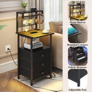 DALEMHOME Tall Nightstand with Charging Station and LED Lights, Night Stand with 3 Drawers and Storage Shelves, Bedside Table for Bedroom, Office, Black HKET2301BK