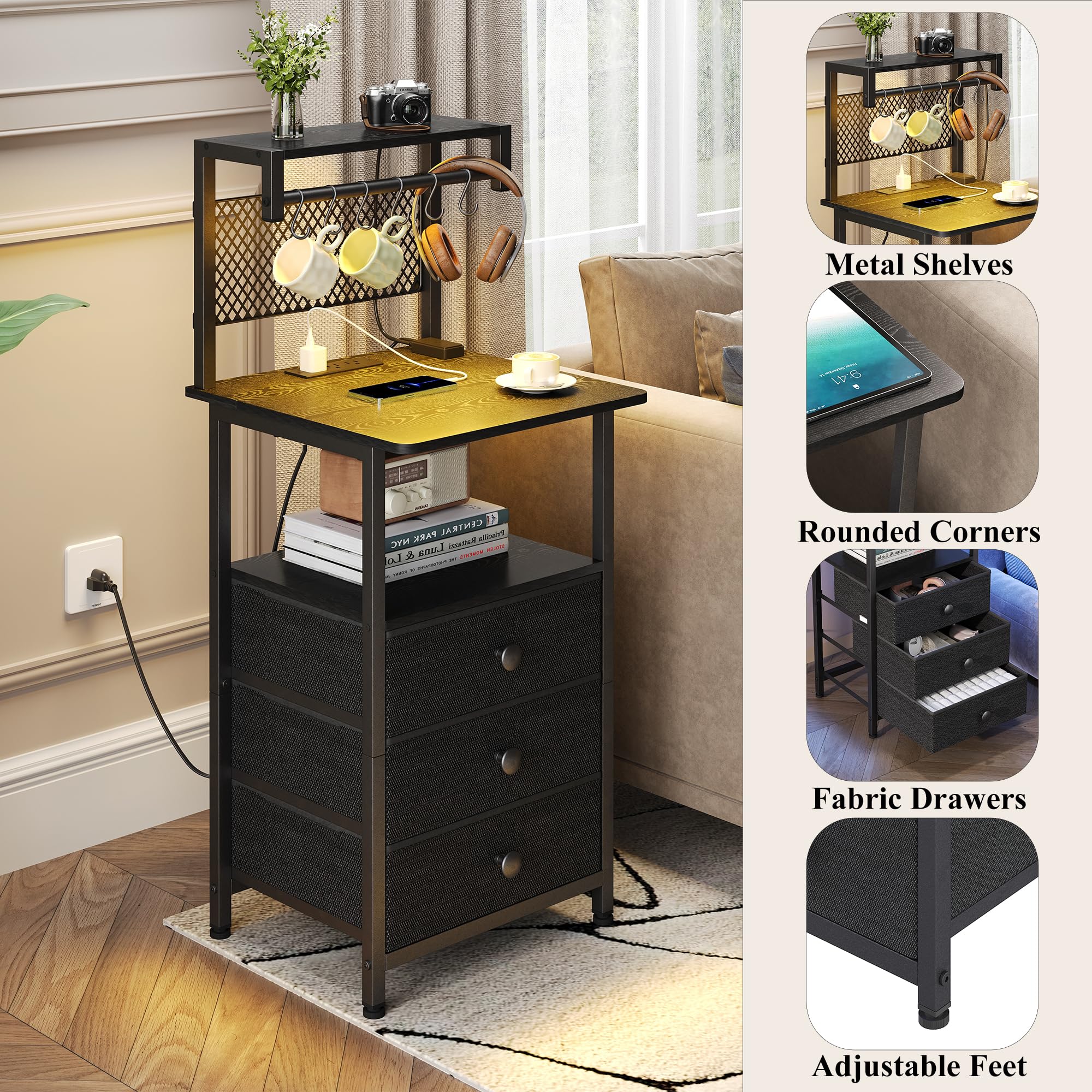 DALEMHOME Tall Nightstand with Charging Station and LED Lights, Night Stand with 3 Drawers and Storage Shelves, Bedside Table for Bedroom, Office, Black HKET2301BK