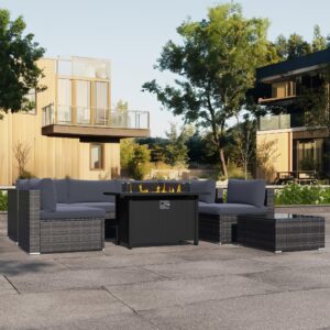 sunvivi outdoor 8-piece modular outdoor patio furniture set, wicker outdoor sectional sofa with 45" fire pit table, all-weather rattan with cushions and coffee table for porch garden backyard, grey