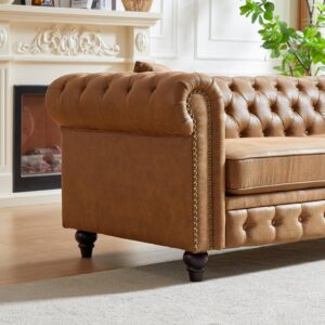 Harper & Bright Designs Tech Fabric Upholstered 3-Seater Living Room Sofa with Button and Copper Nail on Arms, Classic Chesterfield Sofa, Four Pillows Included (Brown)