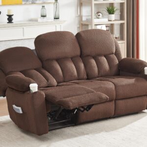 Jocisland Recliner Couch, 3 Seater Recliner with Cup Holders, Plush Fabric Reclining Couch with Dual Wingback, Comfy Recliner Sofas for Living Room(Brown)