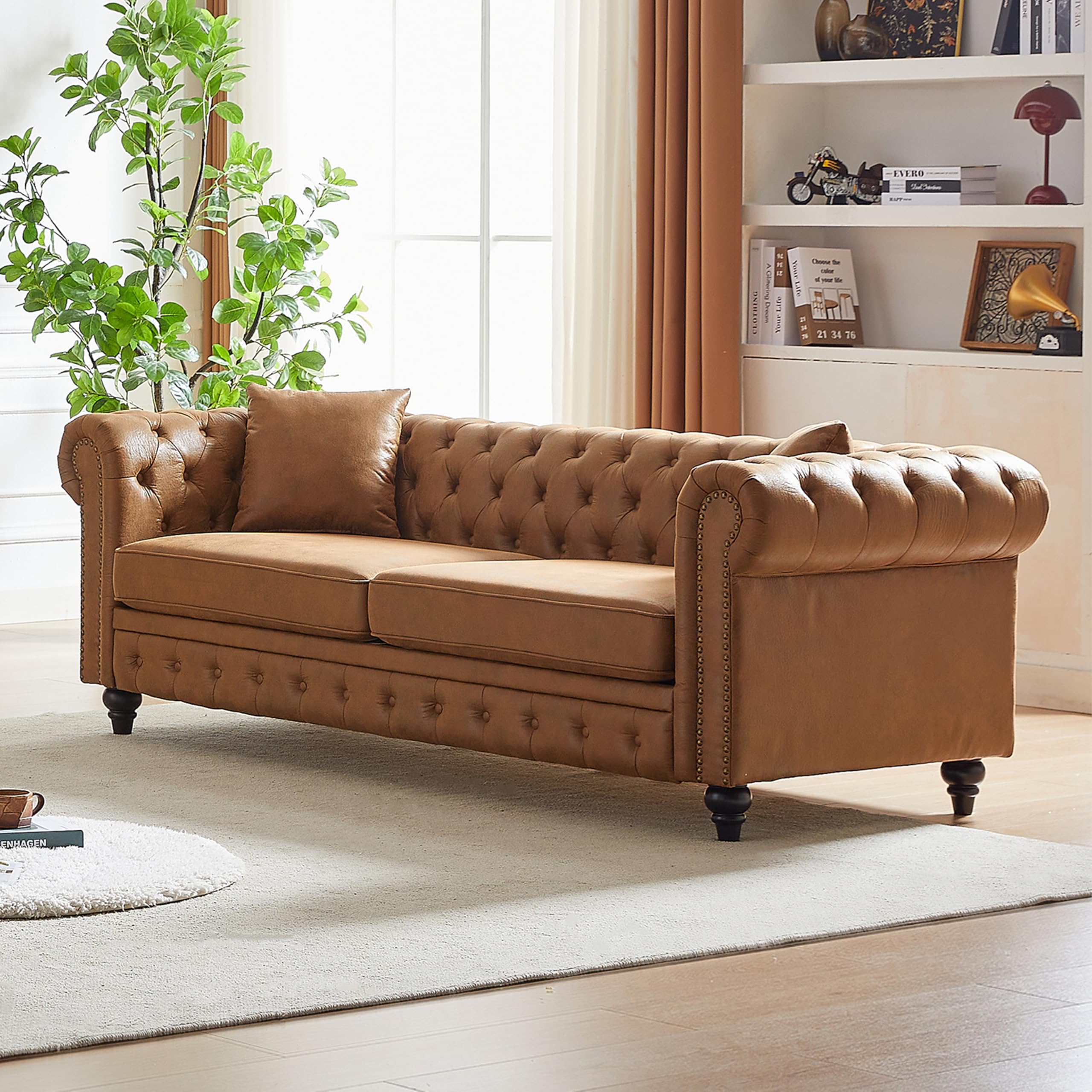 Harper & Bright Designs Tech Fabric Upholstered 3-Seater Living Room Sofa with Button and Copper Nail on Arms, Classic Chesterfield Sofa, Four Pillows Included (Brown)