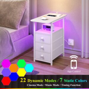 DALEMHOME End Table with Charging Station, Narrow Side Table with 3 Fabric Drawers, Skinny Nightstand with LED Light for Small Spaces, Bedroom, Living Room, White HKET1303WT