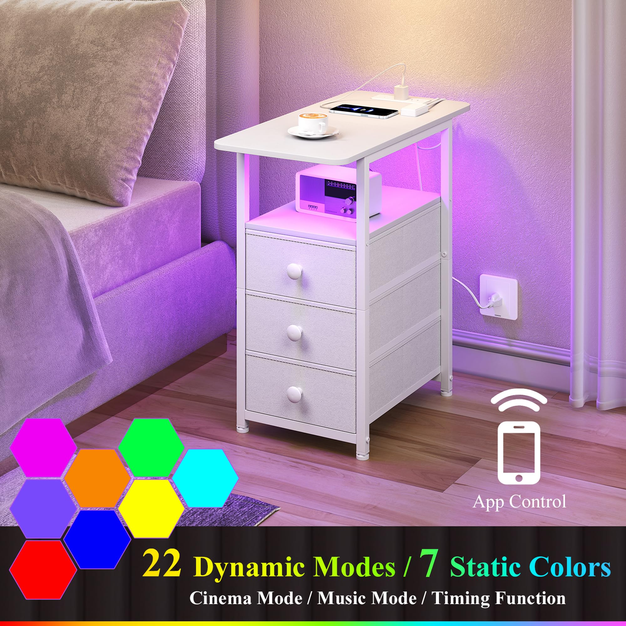 DALEMHOME End Table with Charging Station, Narrow Side Table with 3 Fabric Drawers, Skinny Nightstand with LED Light for Small Spaces, Bedroom, Living Room, White HKET1303WT