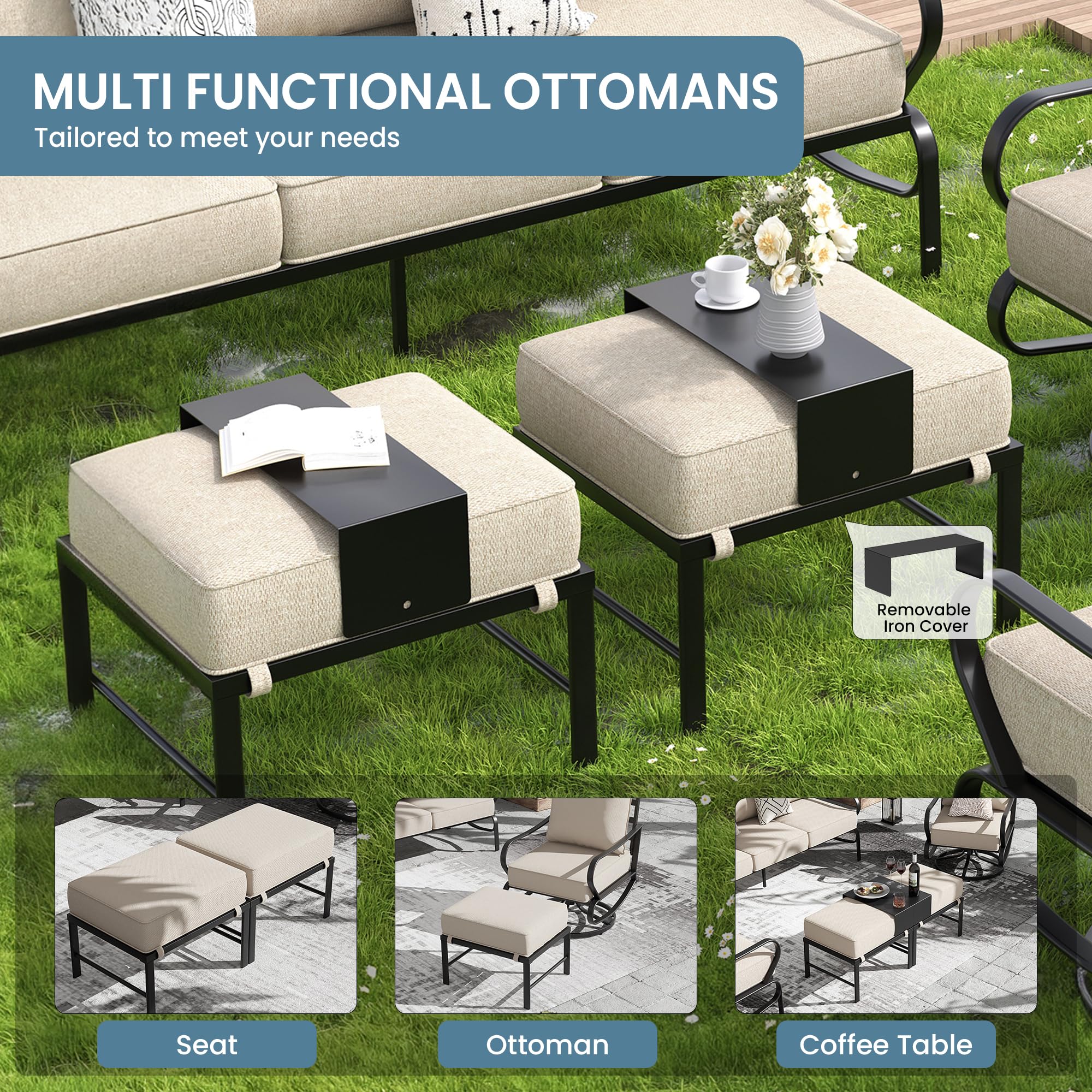 Amopatio PatioFurniture Set, Outdoor Metal Conversation Set Multifunctional Ottoman with Metal Cover, Outdoor Furniture Sets with 5.75" Extra Thick Cushion Include Waterproof Covers, Beige