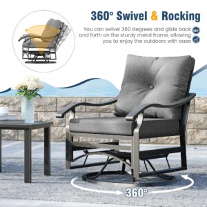 VONZOY 3 Piece Outdoor Swivel Chair, Patio Furniture Metal Rocker Bistro Set with Rocking Chair, Thick Cushions and Table for Porch Garden Balcony（Grey）