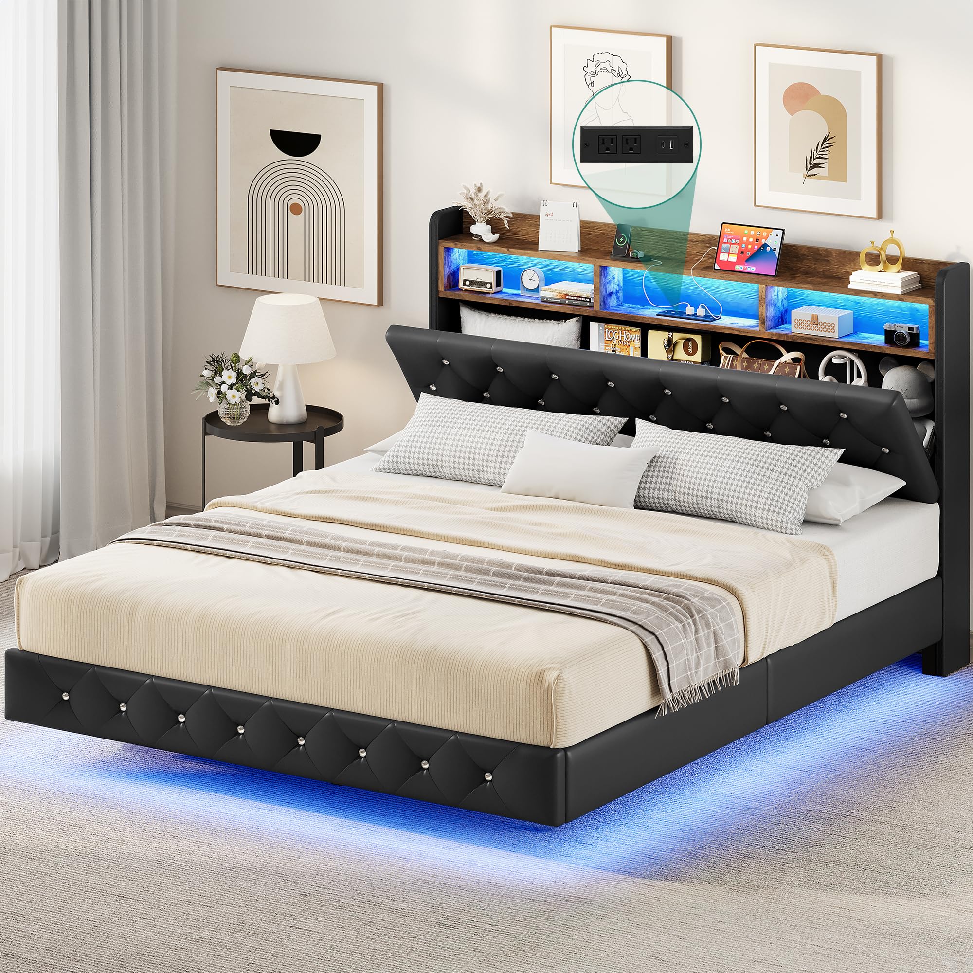 YITAHOME Floating Bed Frame Queen, Upholstered Platform Bed with RGB LED Lights, Faux Leather Crystal Button Tufted Storage Headboard and USB-C/A Charging Station, No Box Spring Needed, Black