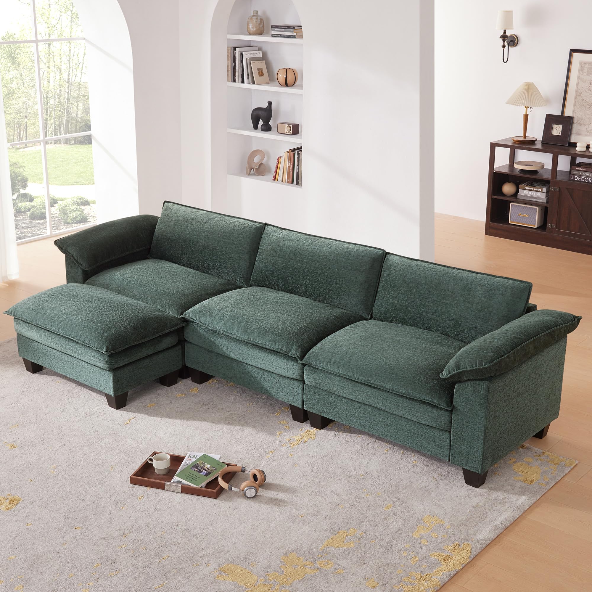 Tbfit Sectional Couches for Living Room,123" Oversized Comfy Cloud Couch, Chenille Modular Sectional Sleeper Sofa, Deep 4 Seat L Shaped Couch with Movable Ottoman, Green