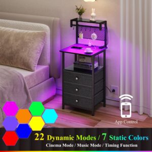 DALEMHOME Tall Nightstand with Charging Station and LED Lights, Night Stand with 3 Drawers and Storage Shelves, Bedside Table for Bedroom, Office, Black HKET2301BK