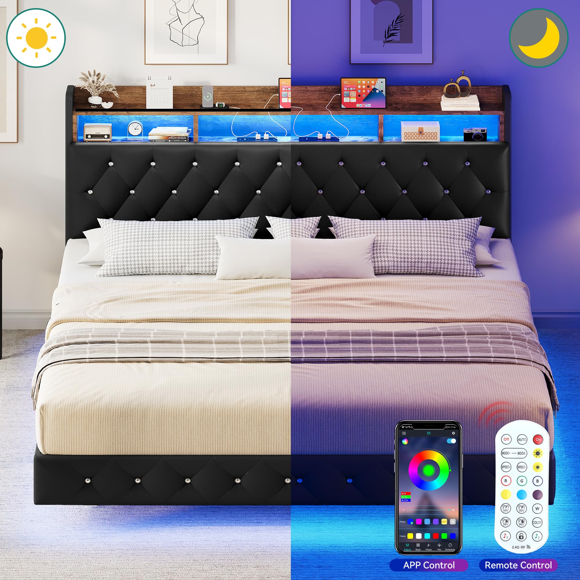 YITAHOME Floating Bed Frame Queen, Upholstered Platform Bed with RGB LED Lights, Faux Leather Crystal Button Tufted Storage Headboard and USB-C/A Charging Station, No Box Spring Needed, Black