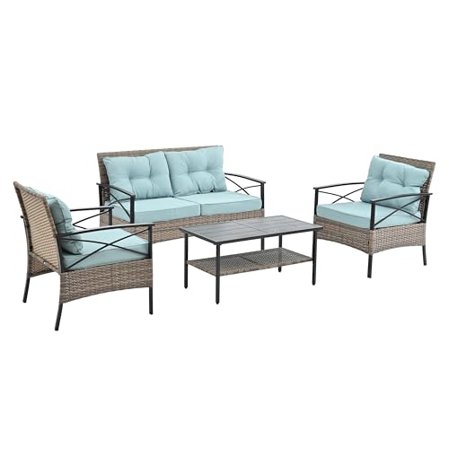 4-Piece Outdoor Patio Pe Wicker Furniture Set with Black Metal Table Brown Modern Contemporary Deep Seating Weather Resistant